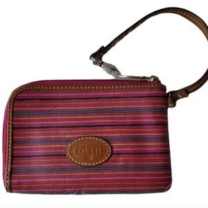 Fossil Pink Stripped Zip Around Wristlet